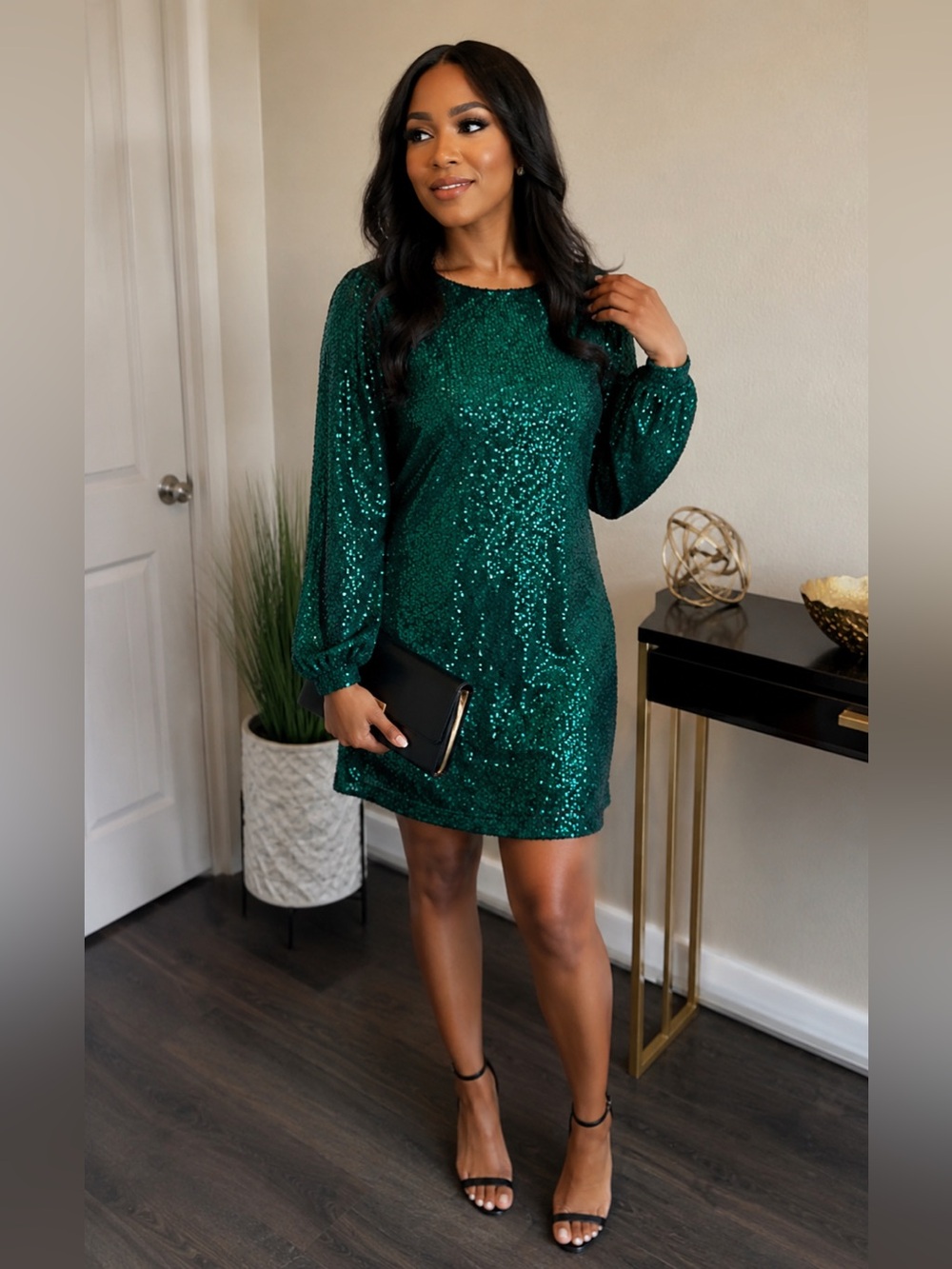 Emerald Sequin Long Sleeve Dress - Women